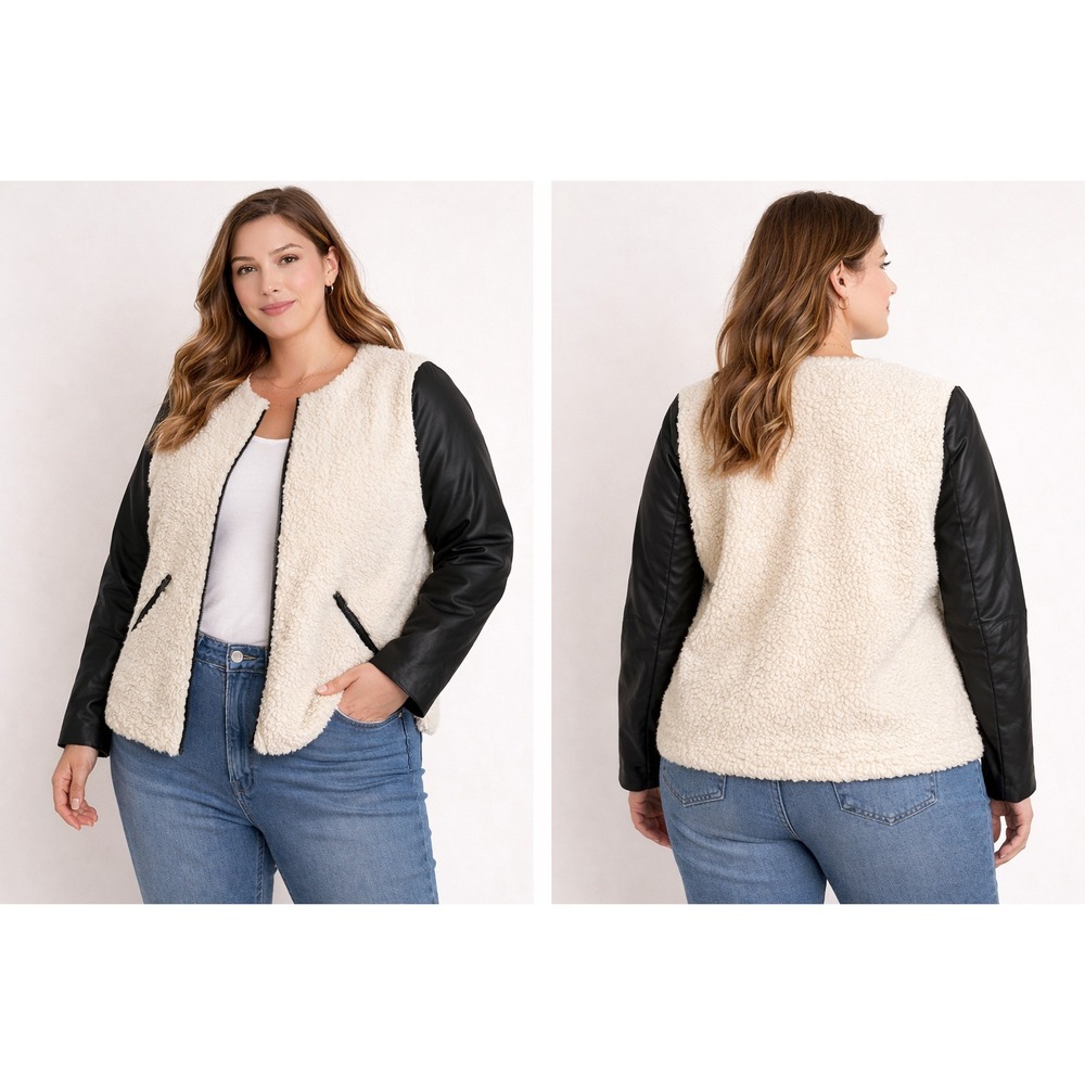 American Eagle Sherpa Jacket Womens XL Cream Faux Fur Black Sleeves Zip Coat